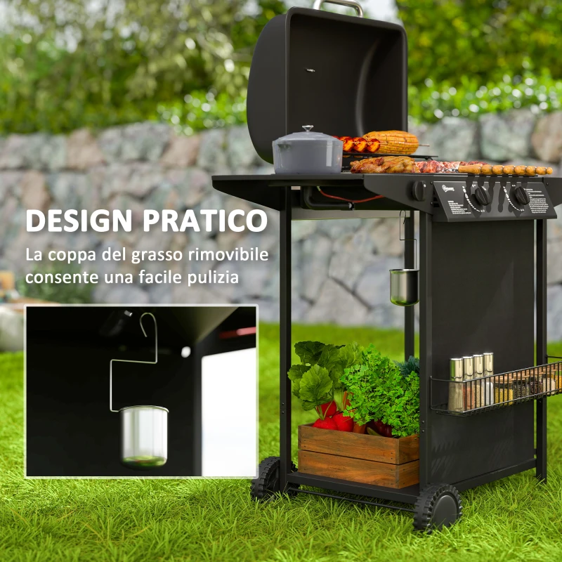Outsunny Barbecue a Gas con 3 Bruciatori Indipendenti e Coperchio con Termometro, 108x54x97 cm, Nero