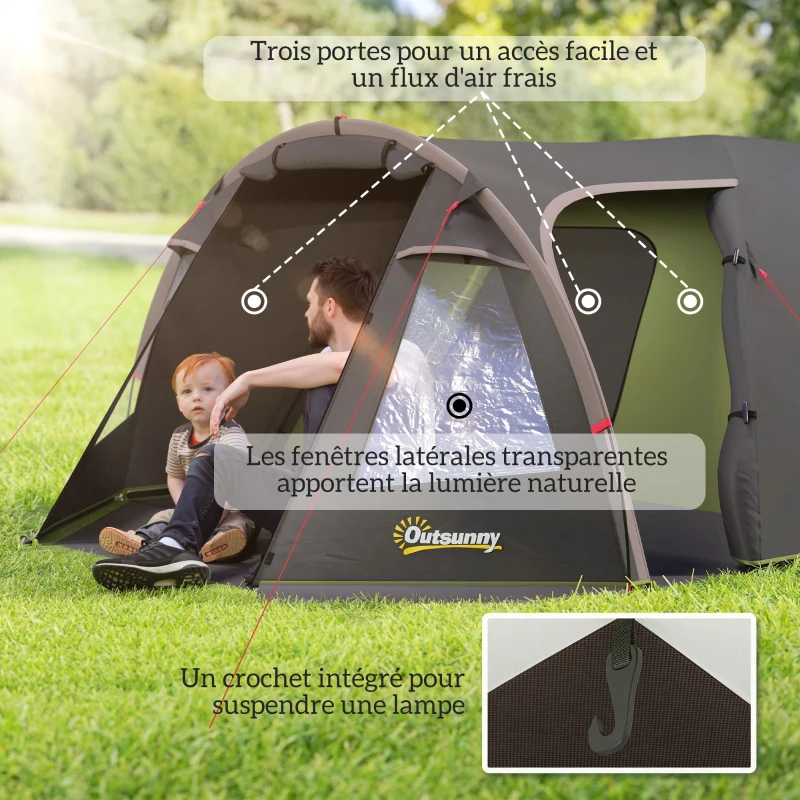 Outsunny Tente de camping familiale pour 2-4 personnes, tente tunnel imperméable 3000 mm 3 portes, 3,6 x 2,5 x 1,3 m, noir