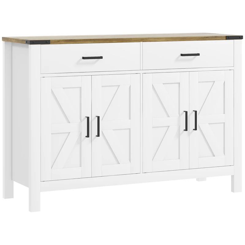 HOMCOM Buffet meuble de rangement style rural 2 tiroirs et 2 placards avec étagères réglables, 120 x 39,3 x 82,5 cm, blanc