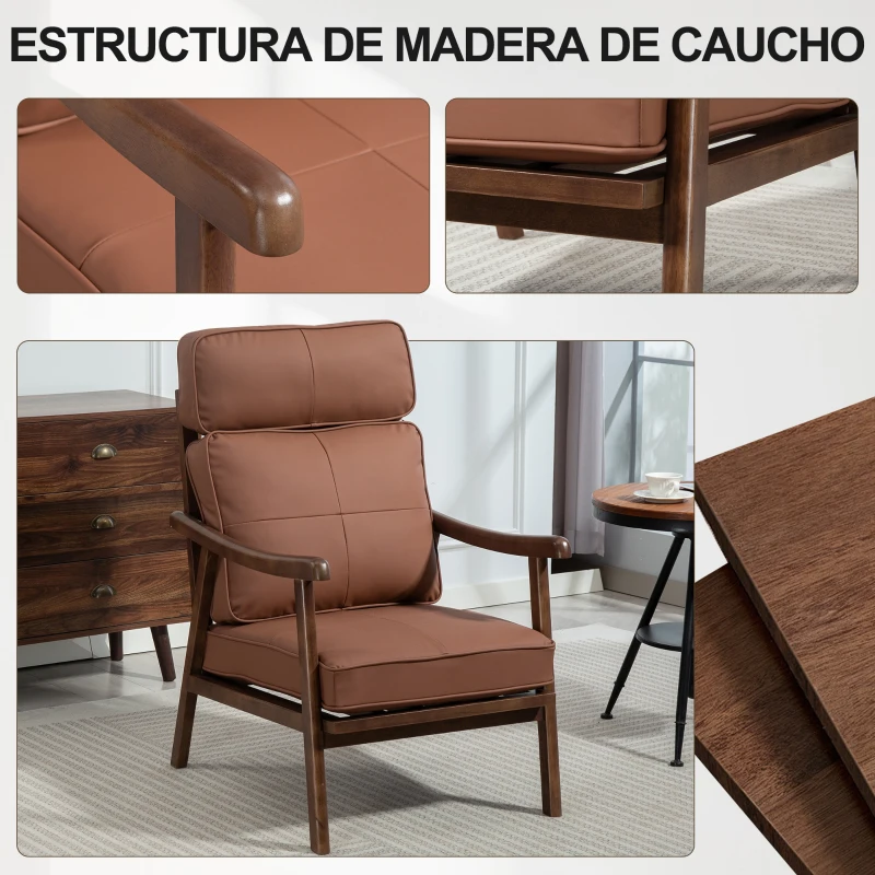 HOMCOM Sillón de Salón Tapizado en PU con Marco de Madera Cojines Acolchados Gruesos Marrón y Madera Nogal