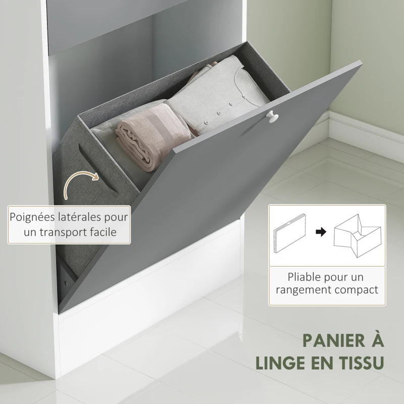 HOMCOM Meuble de salle de bain avec panier à linge et miroir étagère réglable 62 x 28,3 x 181 cm gris et blanc