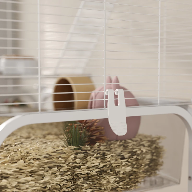 PawHut Jaula para Animales Pequeños de 4 Niveles con Ruedas Bandeja Profunda Rampas Plataformas y Comedero 73x47x123 cm Blanco