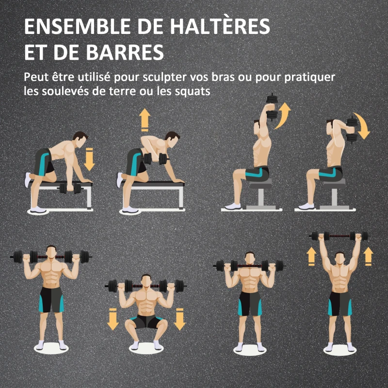HOMCOM Ensemble d'haltères Courtes Total 20 Kg 2 en 1 poids réglable Barres incluses - entraînement Musculaire & haltérophilie