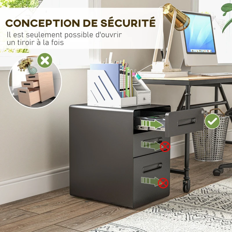 Vinsetto Caisson bureau mobile verrouillable avec 3 tiroirs pour format A4, lettre, légal, 39 x 48 x 59 cm, noir