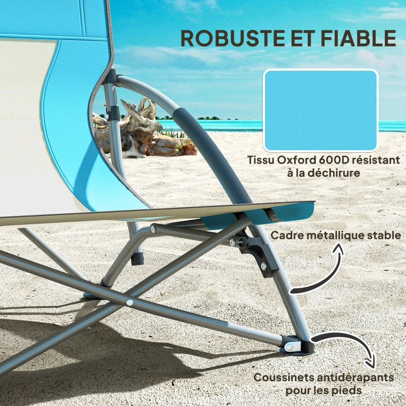 Outsunny Chaise de plage pliable chaise camping pliante légère sac de transport porte-gobelet 58 x 55 x 62 cm bleu