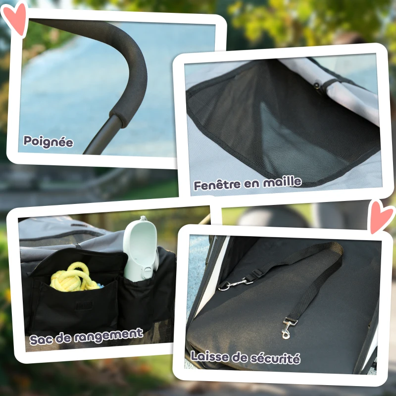 PawHut Poussette pour chien 3 roues avec pliage facile, sac de rangement, coussin souple, laisse de sécurité, gris