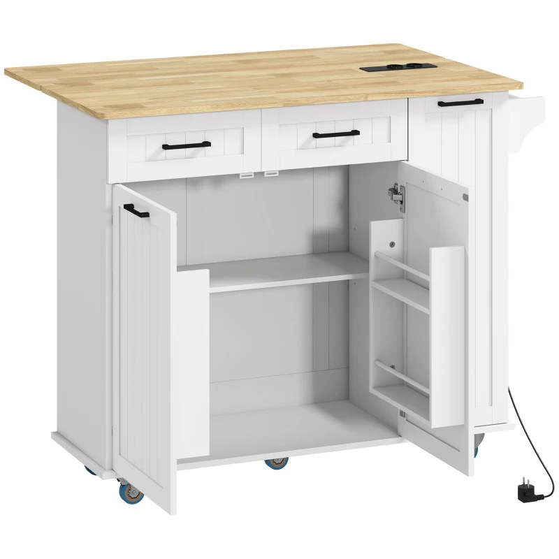 HOMCOM Îlot central cuisine mobile avec prise de courant et port USB, tablette à abattant, étagère réglable blanc(m-11)