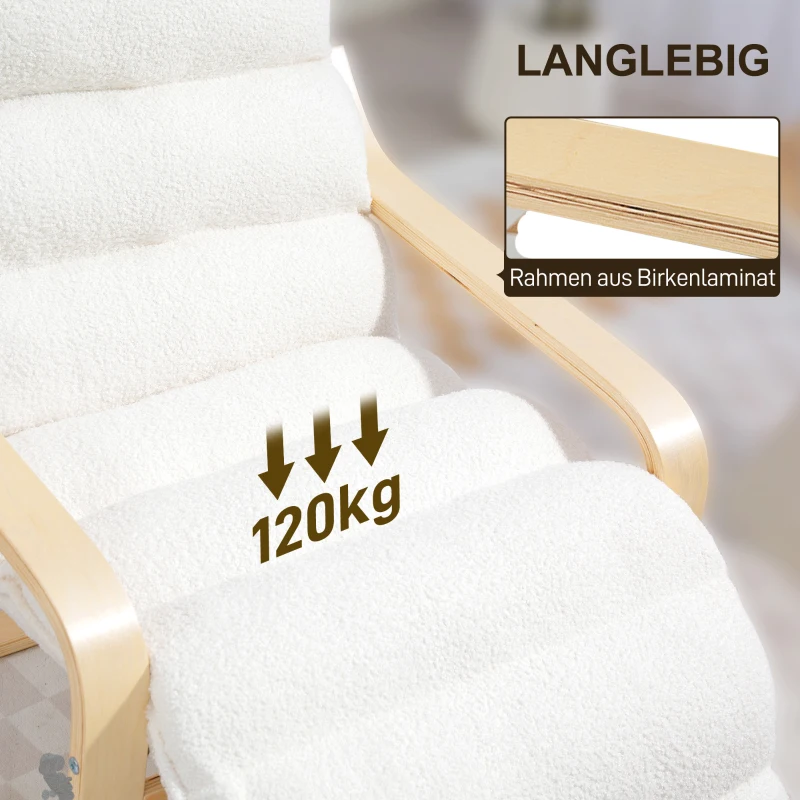 HOMCOM Lounge-Sessel aus Birkenholz, Polstersessel, verstellbare Fußstütze, Weiß(m-7)
