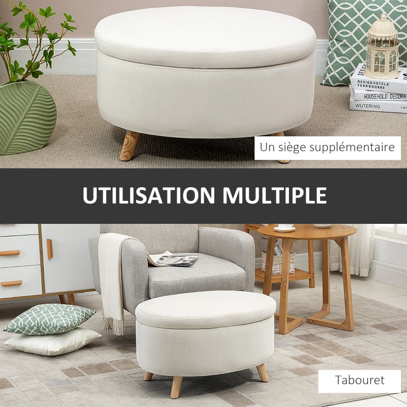 HOMCOM Tabouret de rangement ovale intérieur, coffre, pouf, revêtement effet velours, 71 x 51,5 x 42 cm, beige