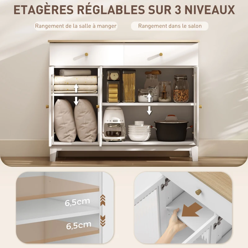 HOMCOM Buffet salon avec 2 placards à portes en verre trempé nervuré, 2 tiroirs et étagères réglables, 100 x 35 x 80,3 cm, blanc