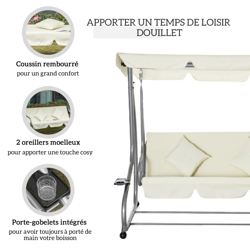 Outsunny Balancelle de jardin 3 places convertible toit inclinaison réglable 2 x 1,2 x 1,64 m acier polyester beige
