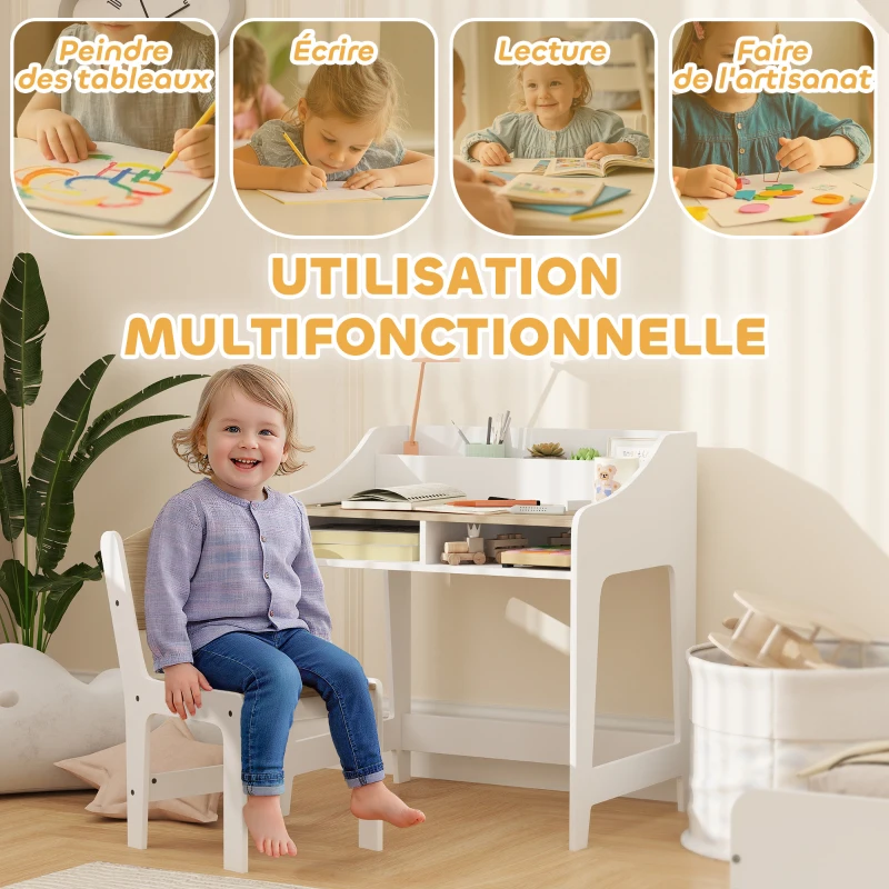 AIYAPLAY Ensemble bureau et chaise pour enfant 3 à 8 ans avec compartiments et étagères ouverts, effet bois naturel