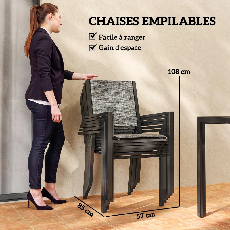 Outsunny Table de jardin extérieure avec 6 chaises empilables, plateau à lattes 150 cm, structure en acier anti-rouille, noir