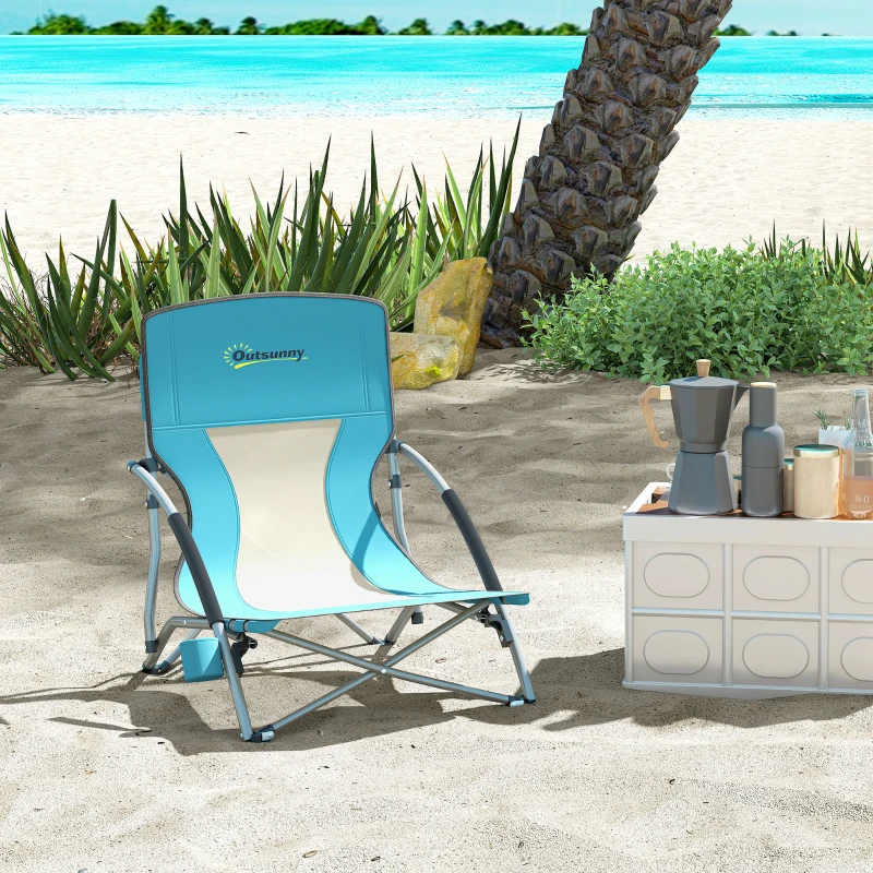 Outsunny Chaise de plage pliable chaise camping pliante légère sac de transport porte-gobelet 58 x 55 x 62 cm bleu