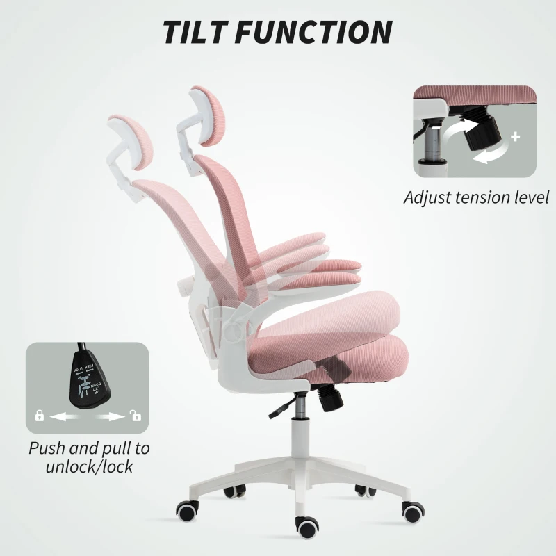 Vinsetto Multi-Adjustable Office Chair, with Lumbar Support, Headrest and Mesh Back - Pink