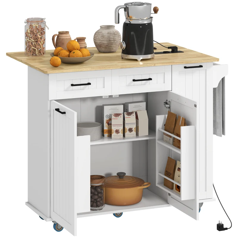 HOMCOM Îlot central cuisine mobile avec prise de courant et port USB, tablette à abattant, étagère réglable blanc(m-10)