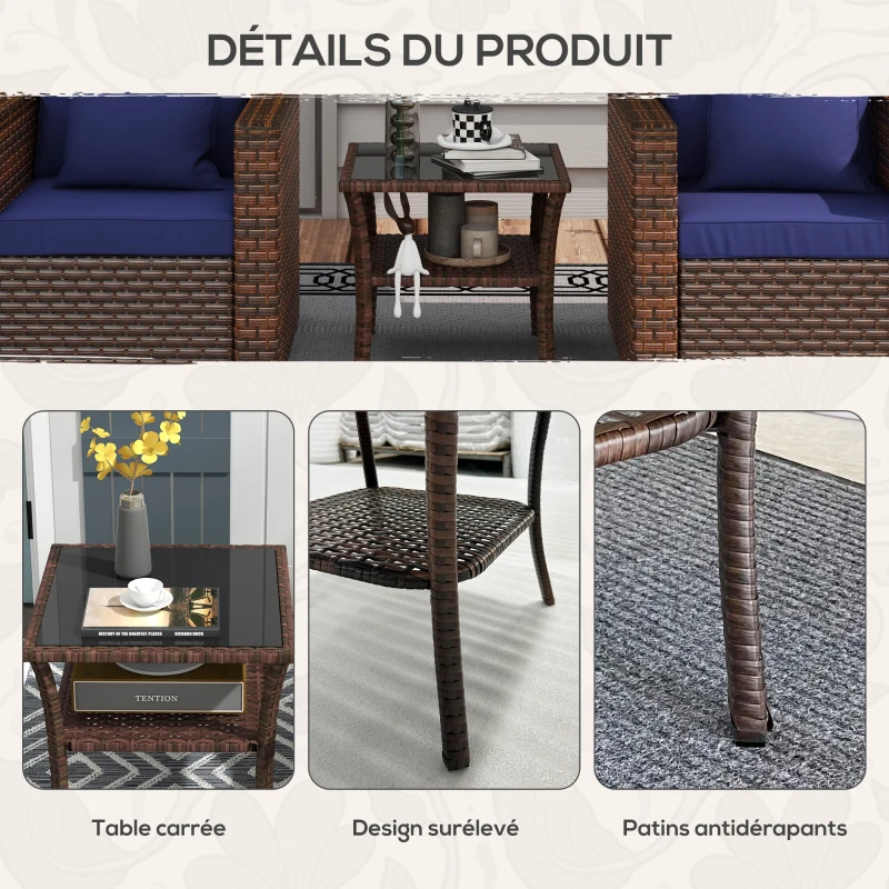 Outsunny Table d'appoint en résine tressée 2 niveaux 50x50x45cm, table basse de jardin carrée plateau en verre trempé, marron