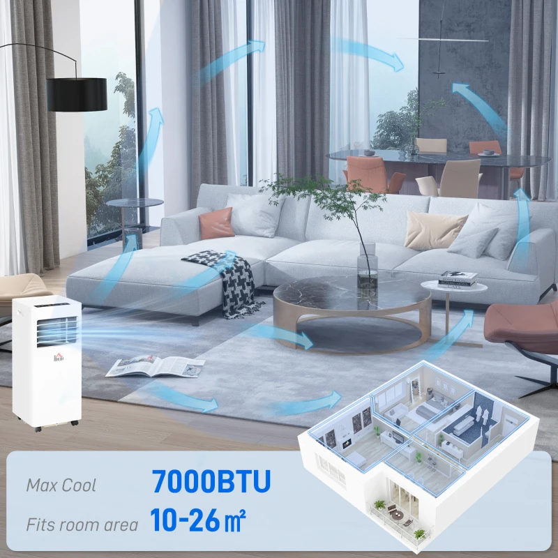 HOMCOM 7000 BTU Air Conditioning Unit, 3-in-1 Portable Air Conditioner, Dehumidifier, Cooling Fan with 2 Speeds, 24H Timer, Remote Control, Digital Display, Window Venting Kit, 26m²