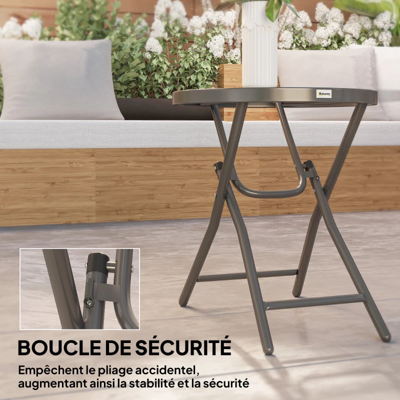 Outsunny Table basse ronde bistro de jardin Ø 60 x 50H cm pliable métal noir plateau verre trempé noir