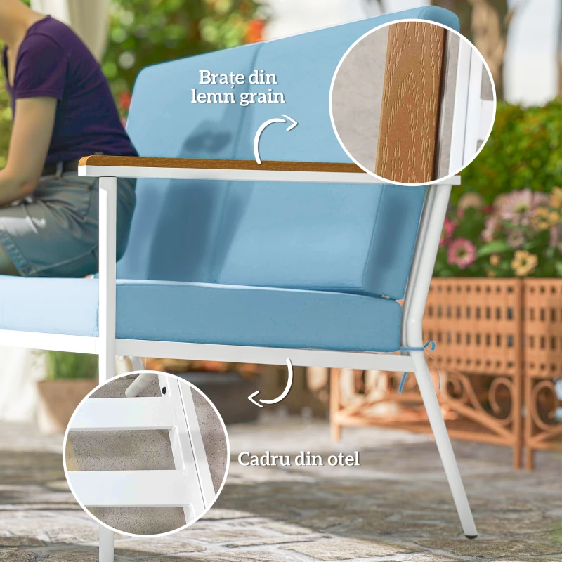 Outsunny Set de Mobilier de Grădină din 5 Piese cu Canapea, 2 Fotoli și 2 Măsuțe de Cafea, 118x72x80 cm, Albastru Deschis