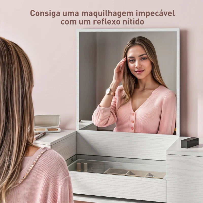 HOMCOM Tocador de Maquilhagem com Espelho Bancada de Vidro 3 Gavetas Mesa de Maquilhagem Moderna 105,5x30x130,5 cm Branco