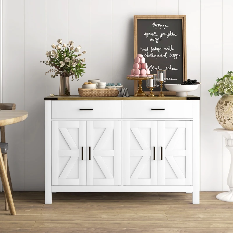 HOMCOM Buffet meuble de rangement style rural 2 tiroirs et 2 placards avec étagères réglables, 120 x 39,3 x 82,5 cm, blanc