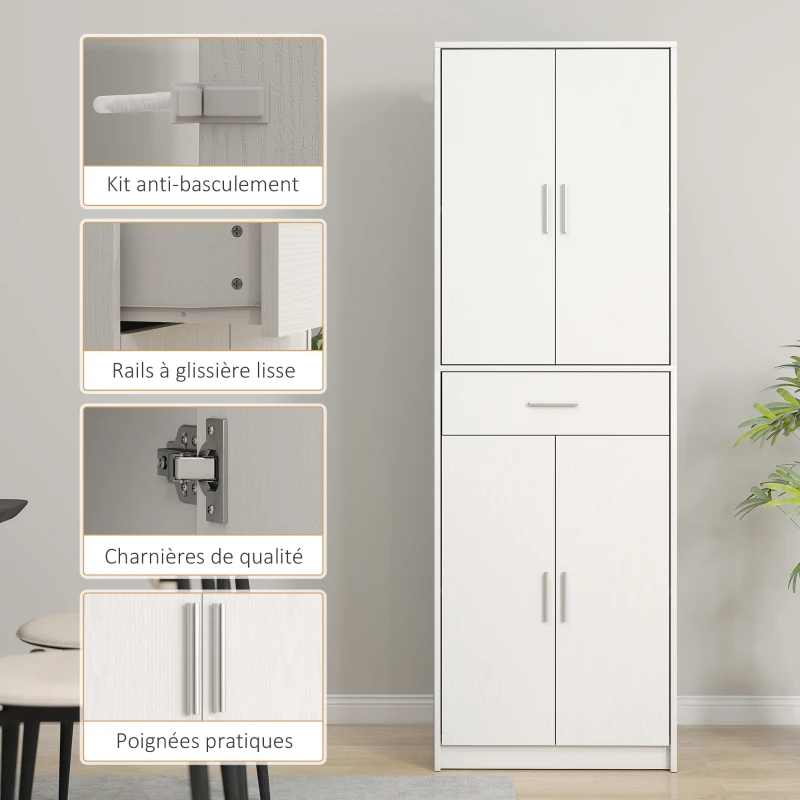 HOMCOM Armoire de cuisine moderne avec placards à portes, étagères réglables et tiroir, 60 x 35 x 180 cm, blanc