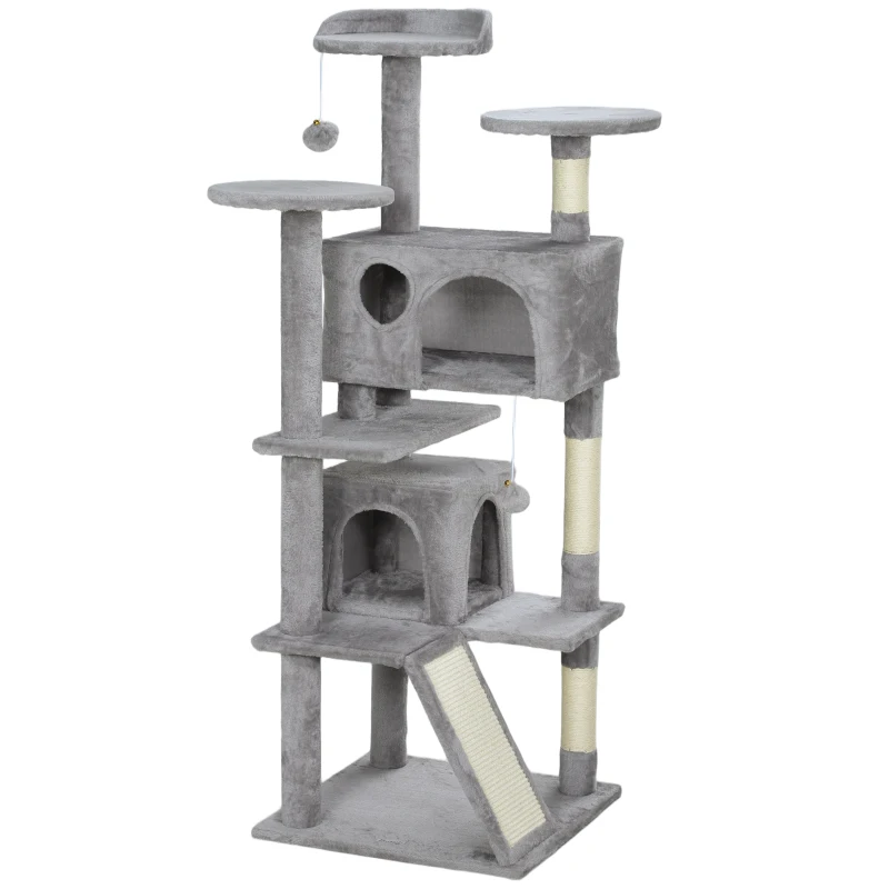 PawHut Arbre à chat hauteur 138 cm, tour de jeux pour chats avec griffoir, plate-formes, 2 niches, 49 x 49 x 138 cm gris clair
