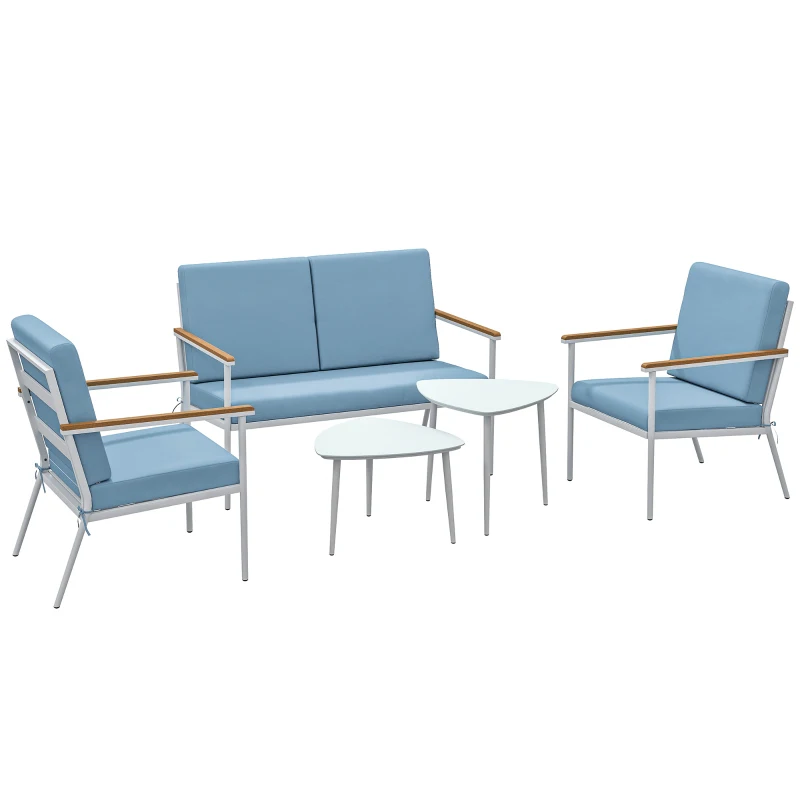 Outsunny Set de Mobilier de Grădină din 5 Piese cu Canapea, 2 Fotoli și 2 Măsuțe de Cafea, 118x72x80 cm, Albastru Deschis