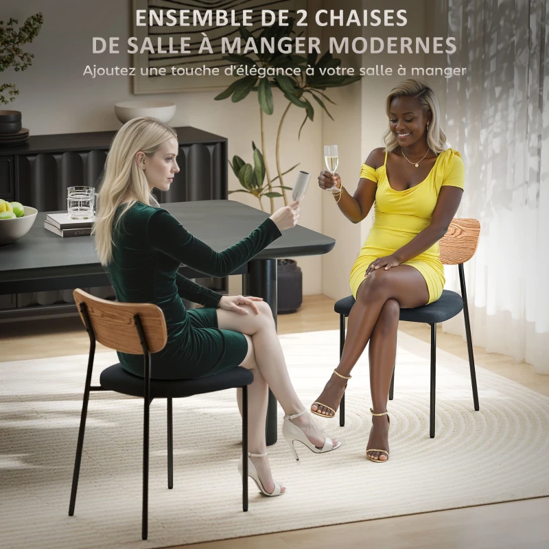 HOMCOM Lot de 2 chaises de salle à manger avec pieds en acier, dossier incurvé et assise rembourrée, gris et effet bois naturel