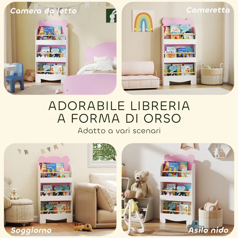 AIYAPLAY Libreria per Bambini con 3 Ripiani a Forma di Orsetto con Barriere Frontali, 55x15x110 cm, Rosa
