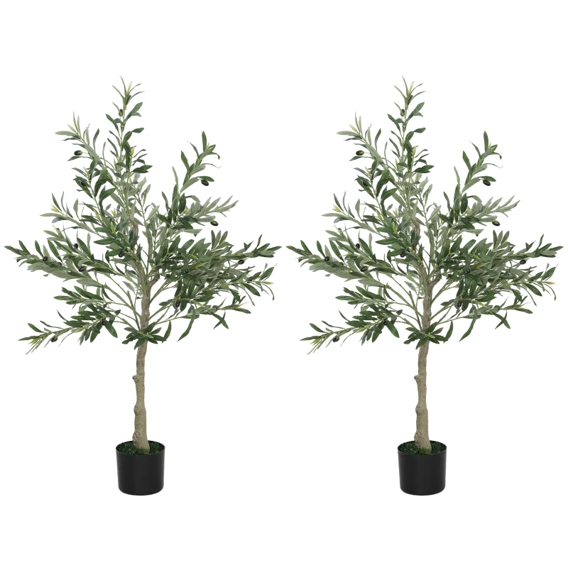 HOMCOM Set of 2 4ft/ 120cm Decorative Artificial Plant, Silk Olive Tree with 450 Leaves and 20 Olive Fruits in Pot, Fake Plant for Home, Office, Living Room, Indoor Decor