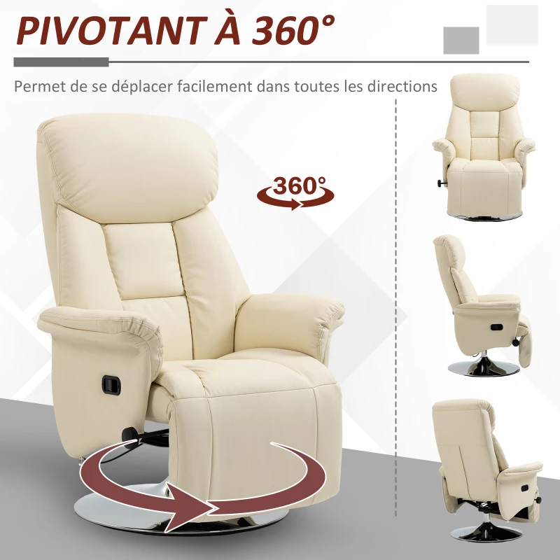 HOMCOM Fauteuil de relaxation inclinable pivotant repose-pied réglable, jusqu'à 150 kg, pour salon, chambre, home cinéma, crème