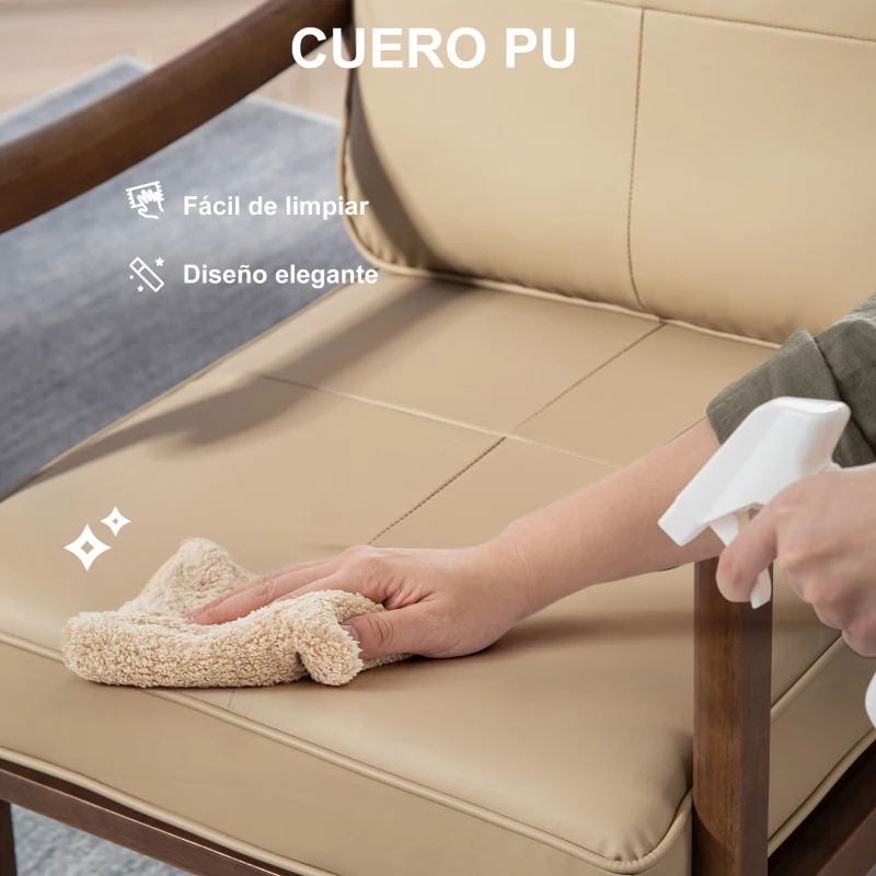 HOMCOM Sillón de Salón Tapizado en PU con Marco de Madera Cojines Acolchados Gruesos Caqui y Madera Nogal