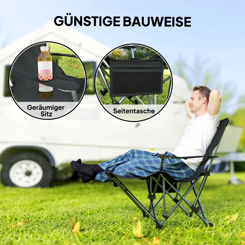 Outsunny 2er Set Campingstuhl faltbar Angelstuhl mit abnehmbar Fußstütze Kopfstütze Getränkehalter belastbar 120 kg Schwarz