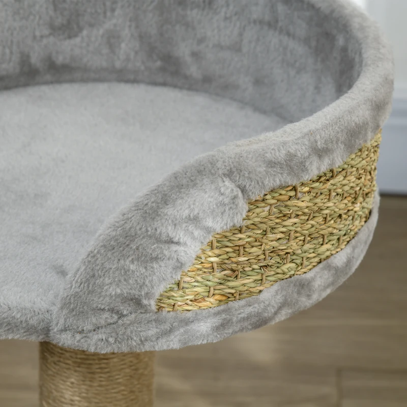 PawHut Arbre à chat arbre à grimper grattoir design jeu pompon suspendu + plateforme peluche 40 x 40 x 49 cm jute gris