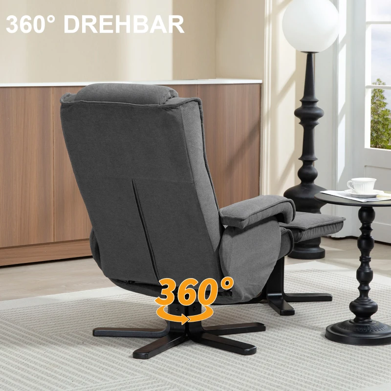 HOMCOM Schaukelbarer Relaxsessel mit Fußhocker, Stoffbezug in Samtoptik, drehbarer Polstersessel, Holzgestell, Grau(m-6)