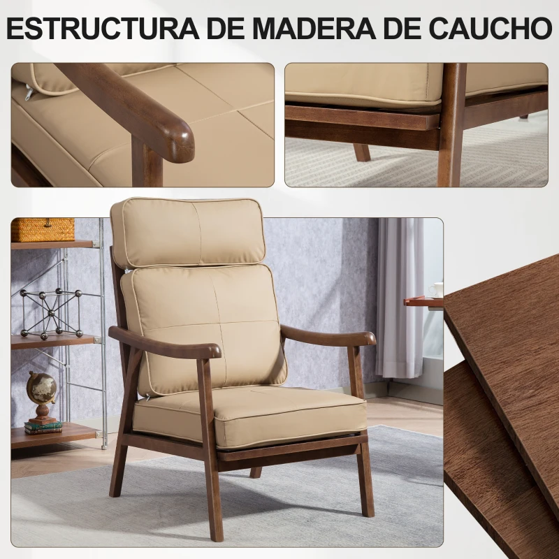 HOMCOM Sillón de Salón Tapizado en PU con Marco de Madera Cojines Acolchados Gruesos Caqui y Madera Nogal