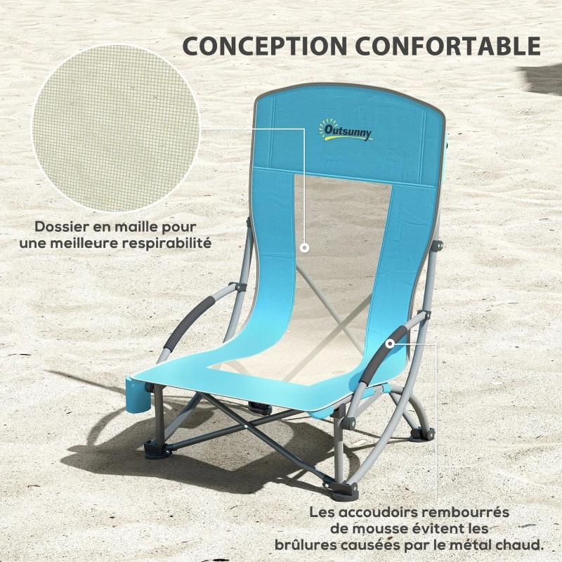 Outsunny Lot de 2 chaises de plage pliable chaises camping pliante légère sac de transport porte-gobelet 70 x 58 x 79 cm bleu