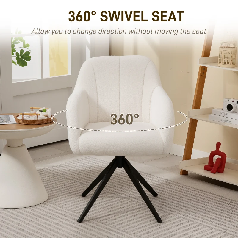 HOMCOM 360 Degree Swivel Accent Chair, Teddy Fleece Fabric Armchair, Upholstered Tufted Vanity Chair with Steel Legs for Living Room, Bedroom, Home Office, White