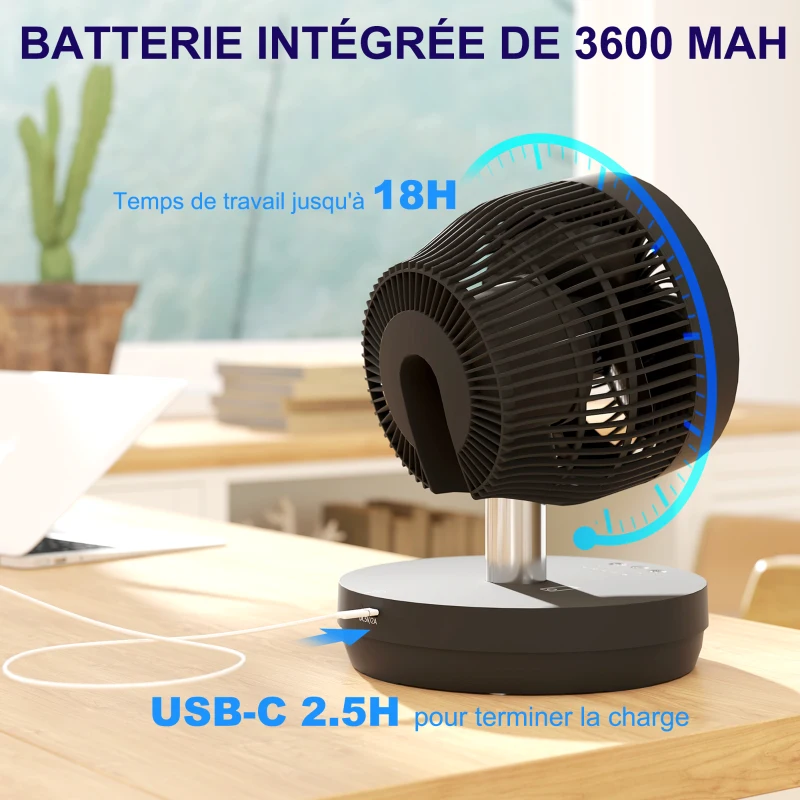 HOMCOM Ventilateur de bureau avec télécommande et batterie rechargeable, alimenté par USB, inclinaison et hauteur réglables, noir