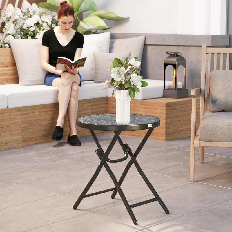 Outsunny Table basse ronde bistro de jardin Ø 60 x 50H cm pliable métal noir plateau verre trempé noir