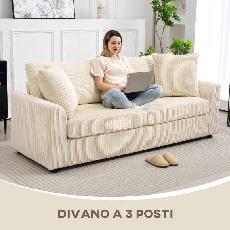 HOMCOM Divano 3 Posti in Velluto a Coste con Molle Insacchettate e 2 Cuscini, 212x80x88 cm, Bianco Crema(m-4)