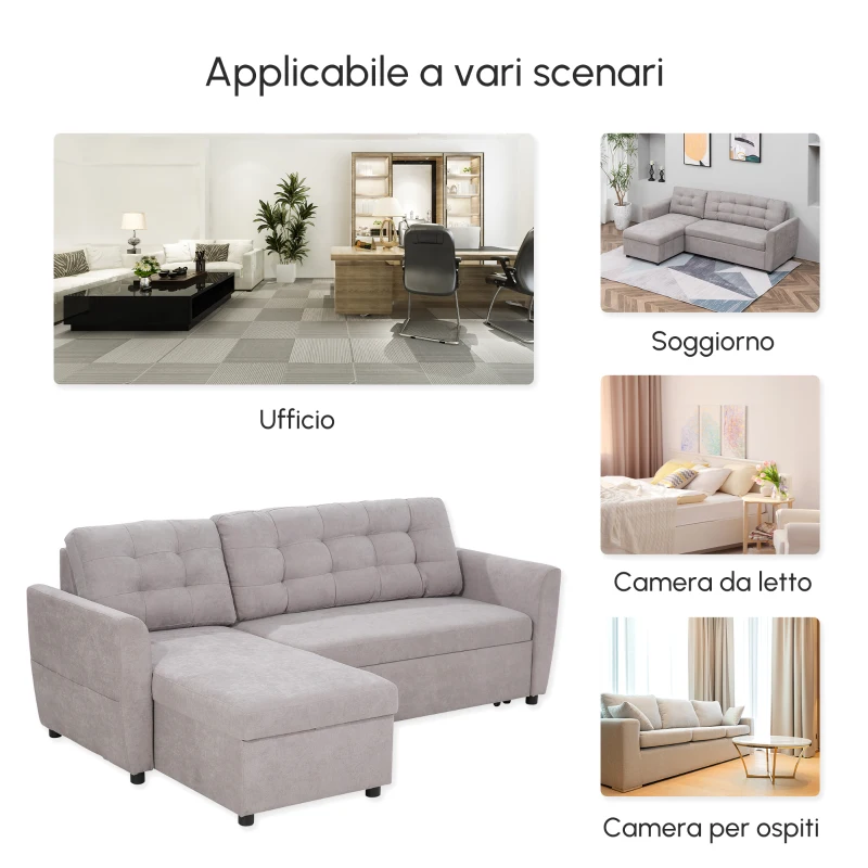 HOMCOM Divano Letto 3 Posti con Chaise Longue Contenitore in Tessuto, 217x134x85cm, Grigio