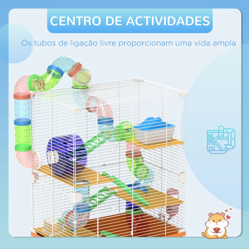 PawHut Gaiola para Hamster Gaiola para Pequenos Roedores com Túnel Comedouro Bebedouro Casa Rampas e Roda de Exercício 46x30x58 cm Laranja