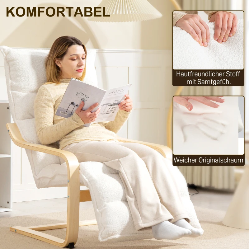 HOMCOM Fotel Lounge z brzozy, tapicerowany, regulowany podnóżek, Biały