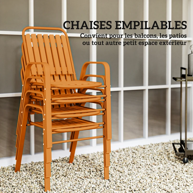 Outsunny Table de jardin extérieure avec 4 chaises empilables, plateau à lattes 80 cm, structure en acier anti-rouille, orange
