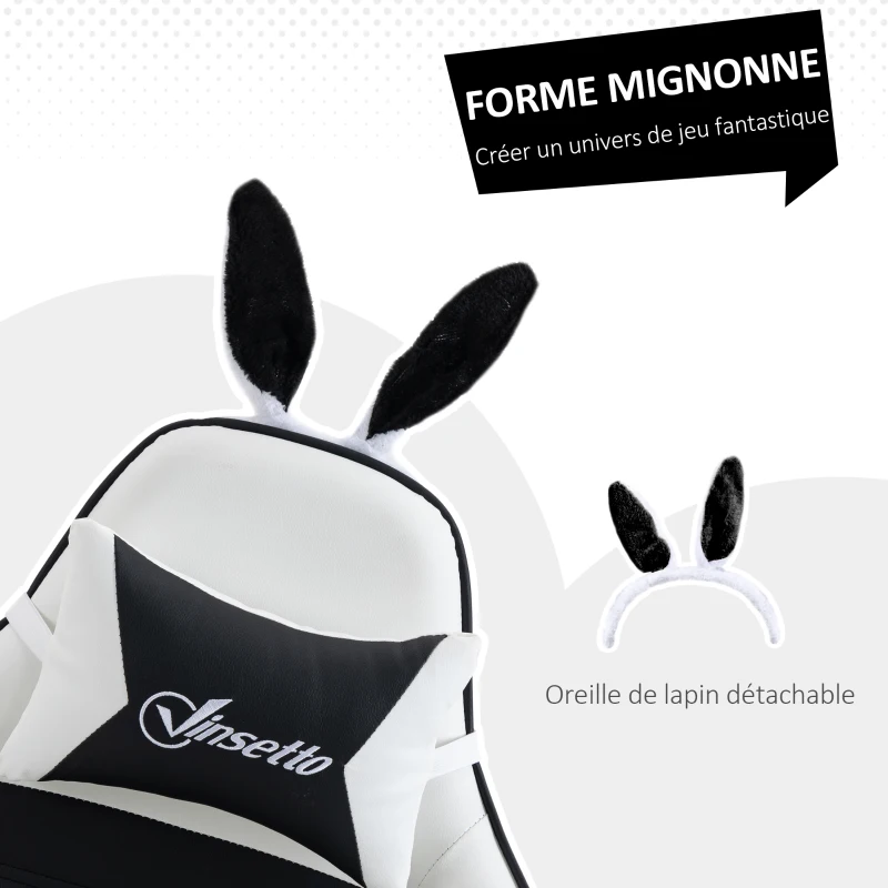 Vinsetto Chaise de gaming avec support lombaire, hauteur réglable, dossier inclinable, oreilles de lapin et appui-tête, noir