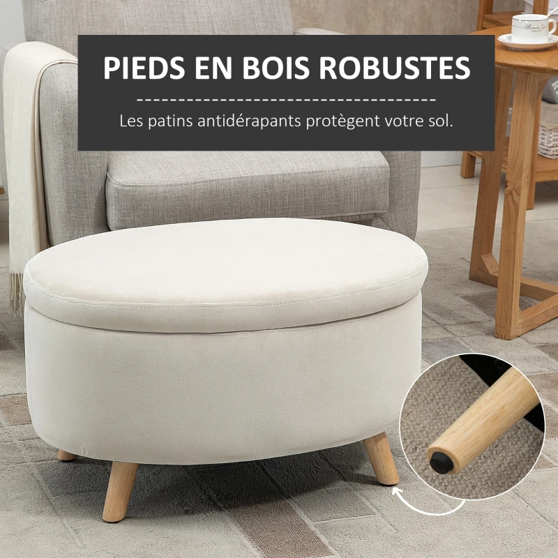 HOMCOM Tabouret de rangement ovale intérieur, coffre, pouf, revêtement effet velours, 71 x 51,5 x 42 cm, beige