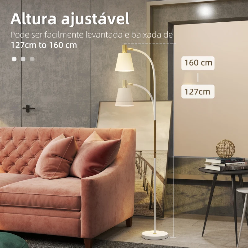 HOMCOM Candeeiro de Pé LED com Altura Ajustável Ecrã Interruptor para Sala de Estar Escritório Quarto 49x21x127-160 cm Branco e Dourado
